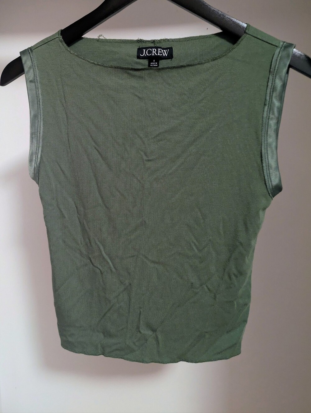J.CREW olive green ribbed boatneck tank top satin trim size small